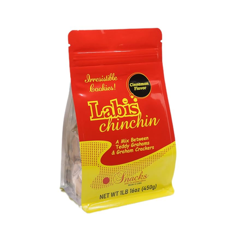 Labis Chin Chin cinnamon flavor sweet crunchy snack in red and yellow resealable bag