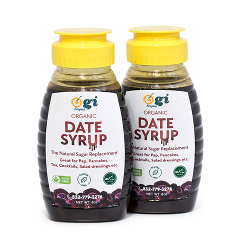 Ogi Empire Date Syrup bottle showcasing 100% organic Medjool dates and natural sweetener for cooking and baking