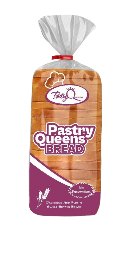 Pastry Queen Agege Bread sliced loaf in packaging with logo and no preservatives label