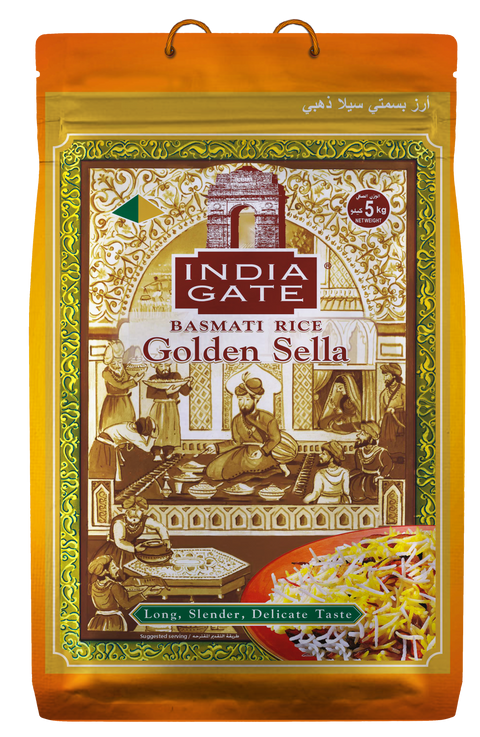 India Gate Golden Sella Basmati Rice 5kg pack with long, slender grains and delicate taste ideal for Kabsa and Jollof Rice