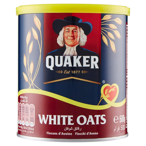 Damaged Quaker White Oats canister with iconic logo and whole grain design.