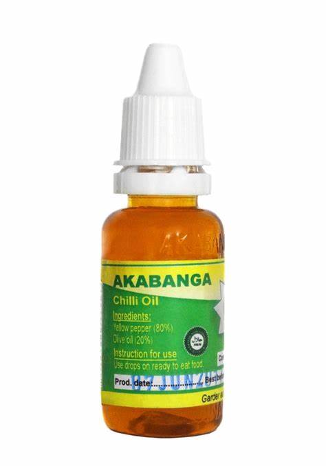 Akabanga Chili Oil 0.7oz bottle with yellow label and dropper cap.