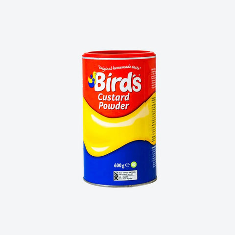 Bird's Vanilla Custard 600g tin with red and blue packaging.