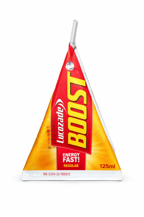 Box of 16 Lucozade Boost 125ml bottles providing quick energy with natural sugars and B vitamins