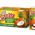 Box of 10 ChiExotic Coconut Juice bottles showcasing pure tropical coconut flavor