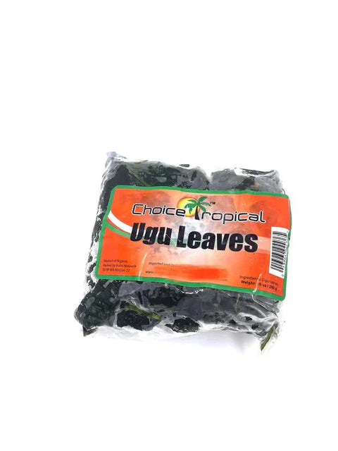 Choice Tropical Frozen Ugwu Leaves in packaging, offering vibrant and nutritious Nigerian fluted pumpkin leaves for diverse cooking needs.