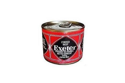 Exeter Corned Beef 200g can with red label.