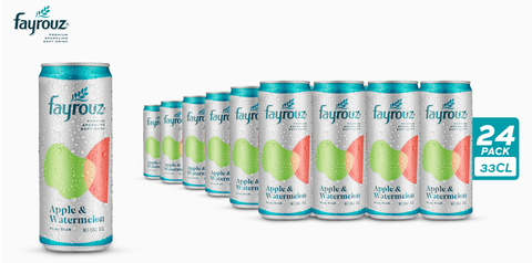 Pack of 6 Fayrouz Apple & Watermelon cans with colorful design and vibrant fruit imagery.