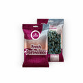 Frozen Fresh Periwinkle 16oz packaging, showcasing high-quality seafood delicacy with distinctive shell in vibrant maroon and white packaging.