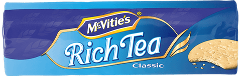 McVities Rich Tea 300g biscuits packaging, classic British tea-time snack.