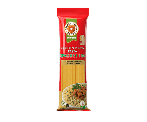 Golden Penny Spagettini thin dried pasta in red packaging rich in fiber and protein with cooked spaghetti dish image