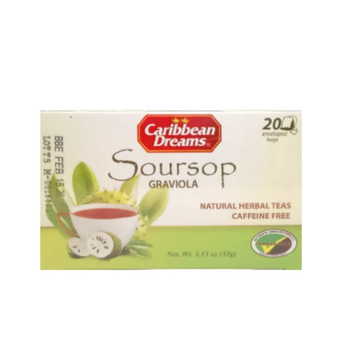 Carribbean Dreams Soursop Herbal Tea box with 20 enveloped bags, caffeine-free.