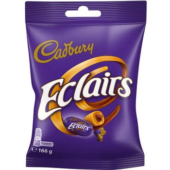 Cadbury Eclairs candy in purple packaging with caramel illustration.