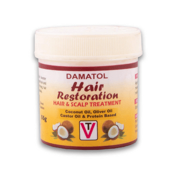 Damatol Hair Restoration Treatment jar with coconut, olive, castor oil for hair and scalp care