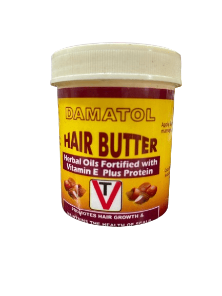 Damatol Hair Butter jar with herbal oils, vitamin E, and protein for natural African hair care and scalp nourishment.