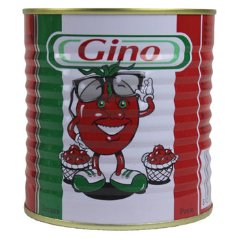 EXP Gino Tomato Paste 400g can with cartoon tomato mascot and moisture-proof packaging