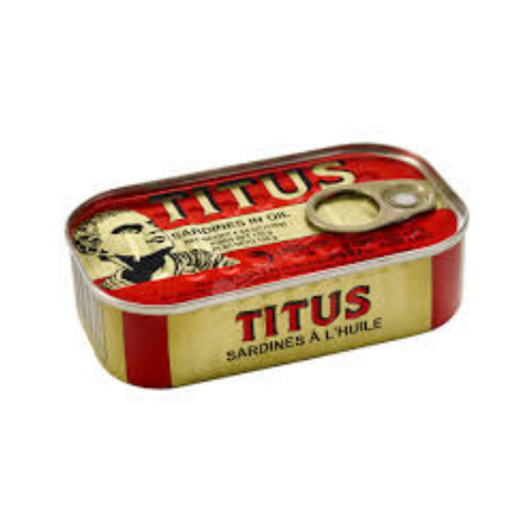 Titus Sardine 125g tin packaging, ideal seafood choice for meals and snacks.