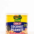 Tropical Sun crunchy coconut peanuts coated with real coconut cream in a yellow and blue canister