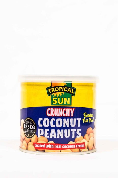 Tropical Sun crunchy coconut peanuts coated with real coconut cream in a yellow and blue canister