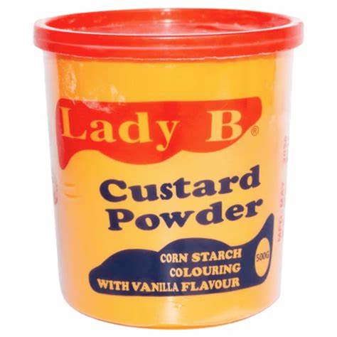 Lady B Custard Powder 500g container with vanilla flavor and corn starch for creamy dessert preparation