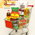 September Bundle grocery shopping cart with Garri Ijebu, Ayoola Poundo, Sasun Palm Oil, Bleached Palm Oil, Maggi seasoning, Laziz Vegetable Oil, Titus Sardines, and Geisha cooking essentials