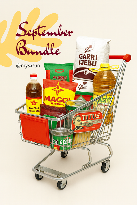 September Bundle grocery shopping cart with Garri Ijebu, Ayoola Poundo, Sasun Palm Oil, Bleached Palm Oil, Maggi seasoning, Laziz Vegetable Oil, Titus Sardines, and Geisha cooking essentials