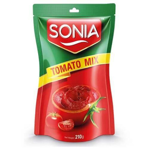 Sonia Tomato Paste Pouch with rich tomato flavor packaging.