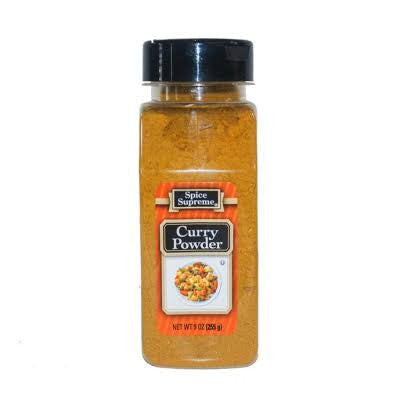 Spice Supreme Curry Jar 9oz container with aromatic curry powder blend of turmeric, coriander, cumin, and ginger.