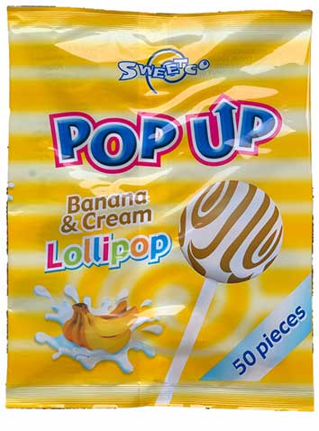 Sweetco Pop Up Banana Lollipop package with 50 pieces, featuring banana and cream flavor.