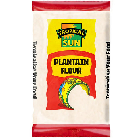 Tropical Sun Plantain Flour packaging showing product label and logo.