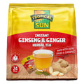 Tropical Sun Instant Ginseng and Ginger Herbal Tea package with ginger root and a steaming cup of tea