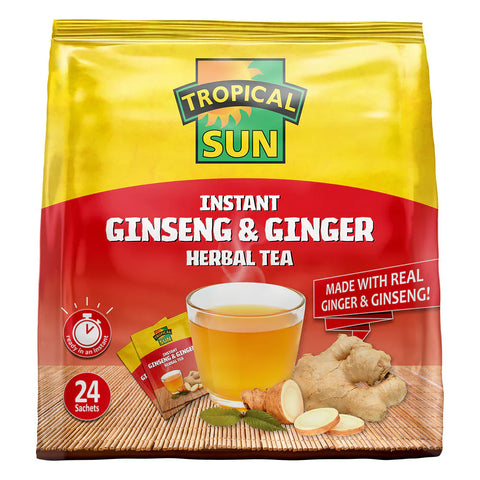Tropical Sun Instant Ginseng and Ginger Herbal Tea package with ginger root and a steaming cup of tea