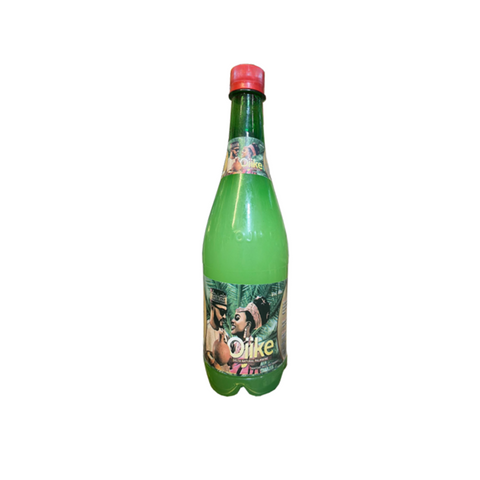 Green plastic bottle of traditional Nigerian palm wine with red cap and cultural label design