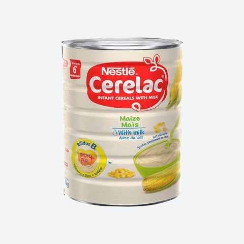 Nestle Cerelac Maize cereal for infants, fortified with iron and essential nutrients.