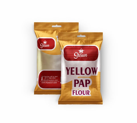 Sasun Yellow Pap Flour in golden packaging, traditional Nigerian delicacy made from yellow corn.