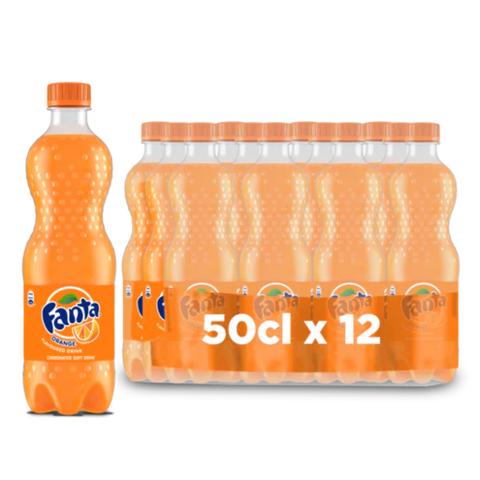 Fanta PET pack of 12 bottles, 50cl each, citrus-flavored soda.