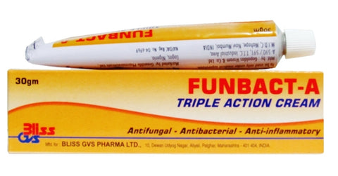 Funbact-A triple action antifungal, antibacterial, and anti-inflammatory cream in 30gm packaging