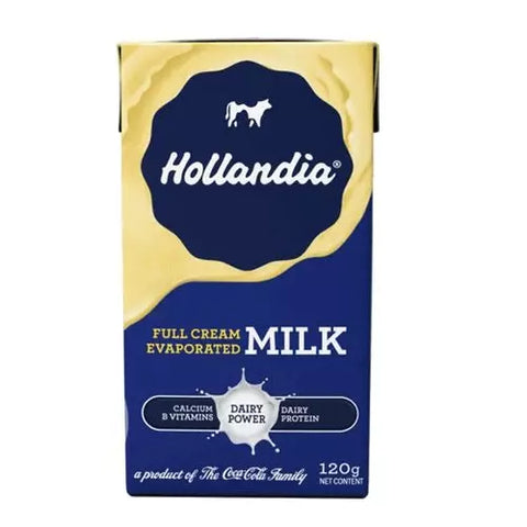 Hollandia Evaporated Milk packaging, full cream dairy product.