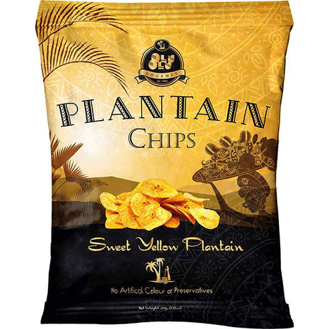 Olu Olu Plantain Chips sweet yellow plantain chips in gold and black packaging with no artificial color or preservatives