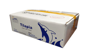 Box of Whole Tilapia - 10lbs packaging with fish graphic, offering fresh and nutritious whole tilapia for diverse culinary uses.