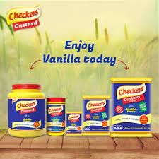 Checkers Vanilla Custard powder assortment with "Enjoy Vanilla today" text.