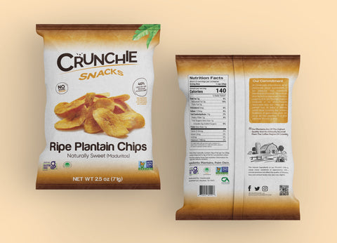 Crunchie Snacks natural sweet plantain chips box of 24 front and back view
