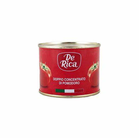 De Rica Italian Tomato Paste 70g can with red label and tomato images, Italian flag icon