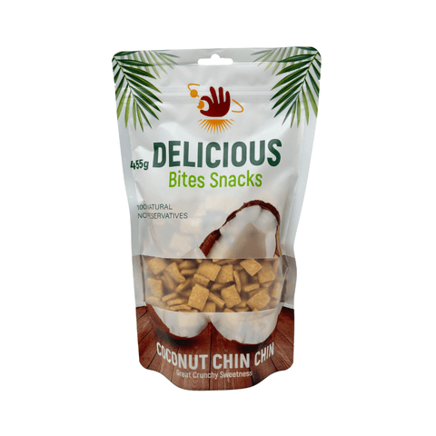 Delicious Bite Coconut Chin Chin crunchy snack with natural coconut flavor in resealable bag