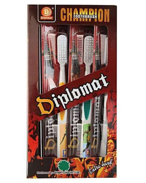 Diplomat Hard Toothbrush packs and box display.