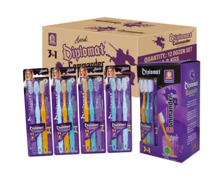 Diplomat Hard Toothbrush packs and box display.