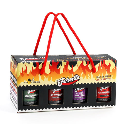 Foronto variety pack of spicy pepper sauces in glass jars