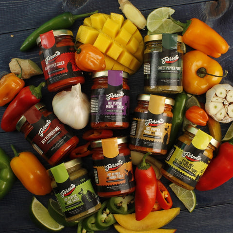 Assorted Foronto hot sauces for rice, meat, and African dishes