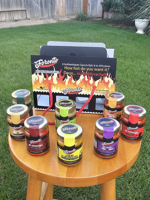 Foronto variety pack of spicy pepper sauces in glass jars