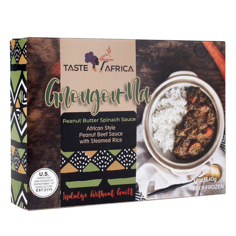 Frozen peanut butter spinach stew served with steamed white rice in a ready meal contain